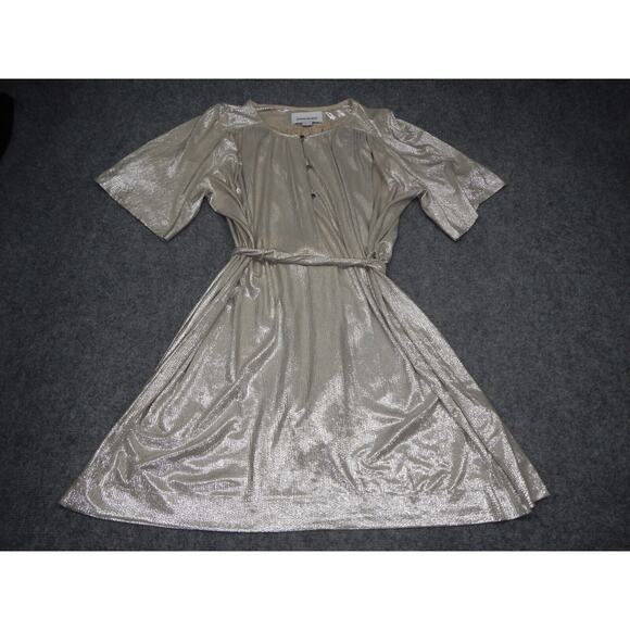Sabina Musayev Dress Women's Medium Beige & Silver‎ Metallic Belted Short Sleeve - Picture 1 of 8